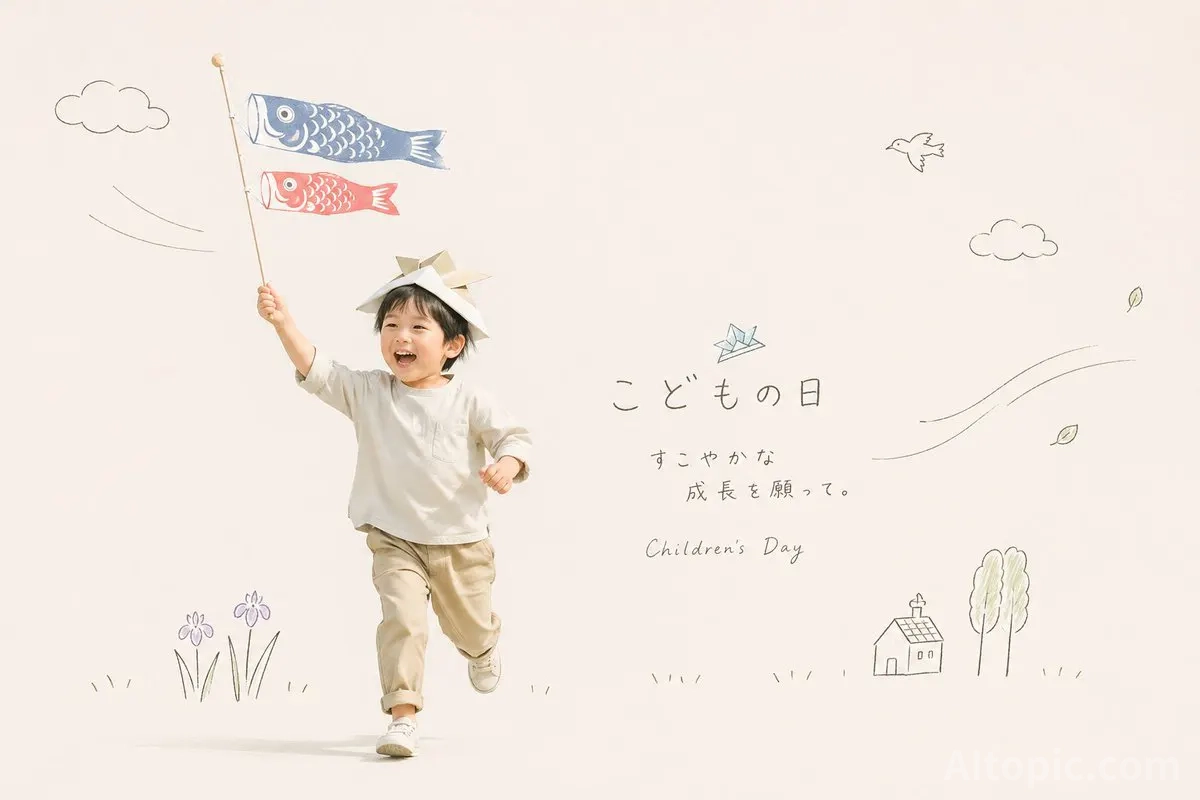 Minimalist Japanese Children's Day Greeting Card with Running Child and Koinobori