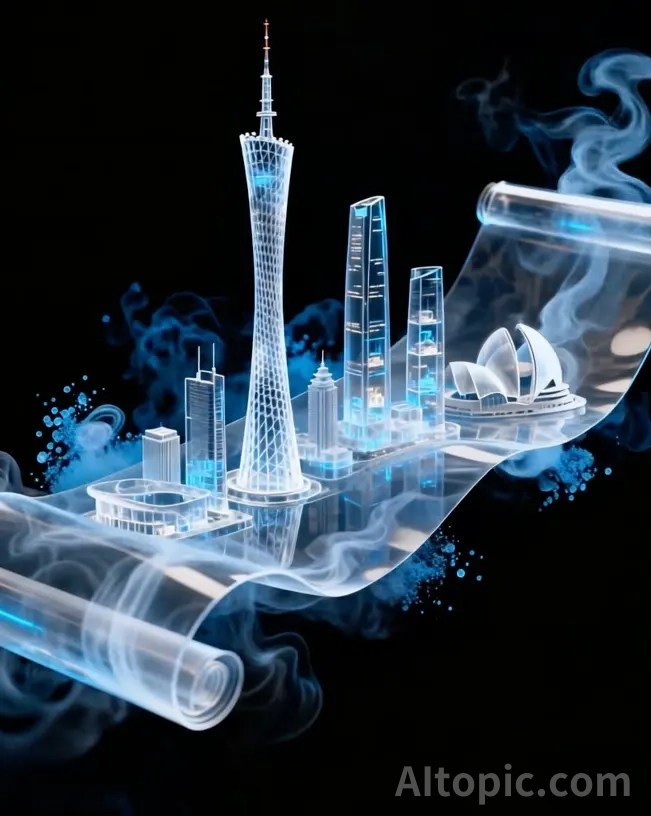 Surreal Blue Crystal Cityscape with Canton Tower on a Mystical Scroll