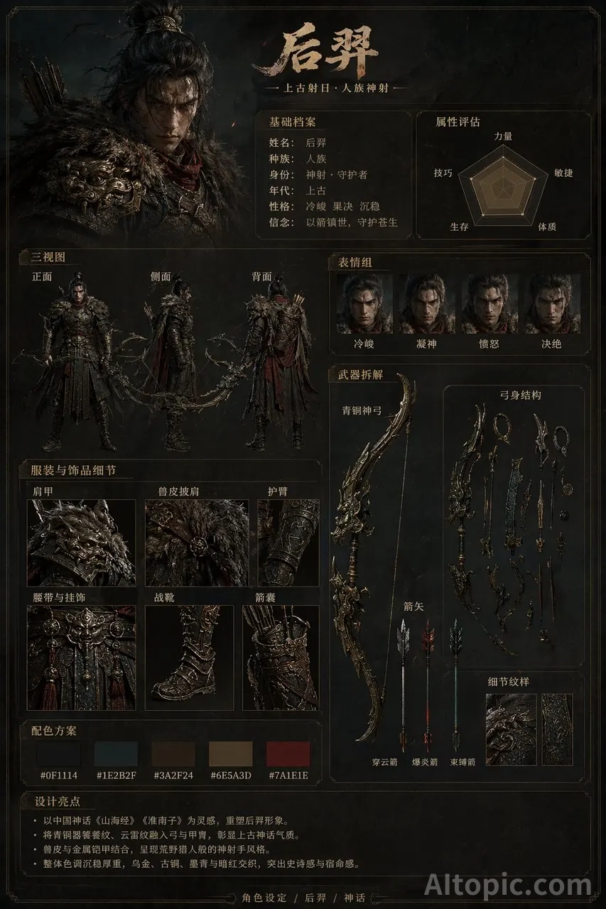 Hou Yi Character Design Sheet: Dark Chinese Mythology, Realistic 3A Game Concept Art