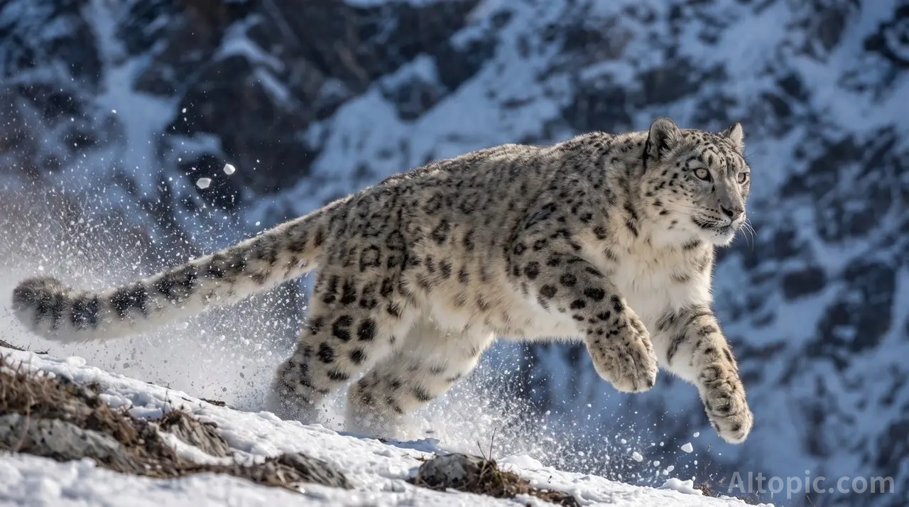 Realistic Snow Leopard Sprinting on Himalayan Slope