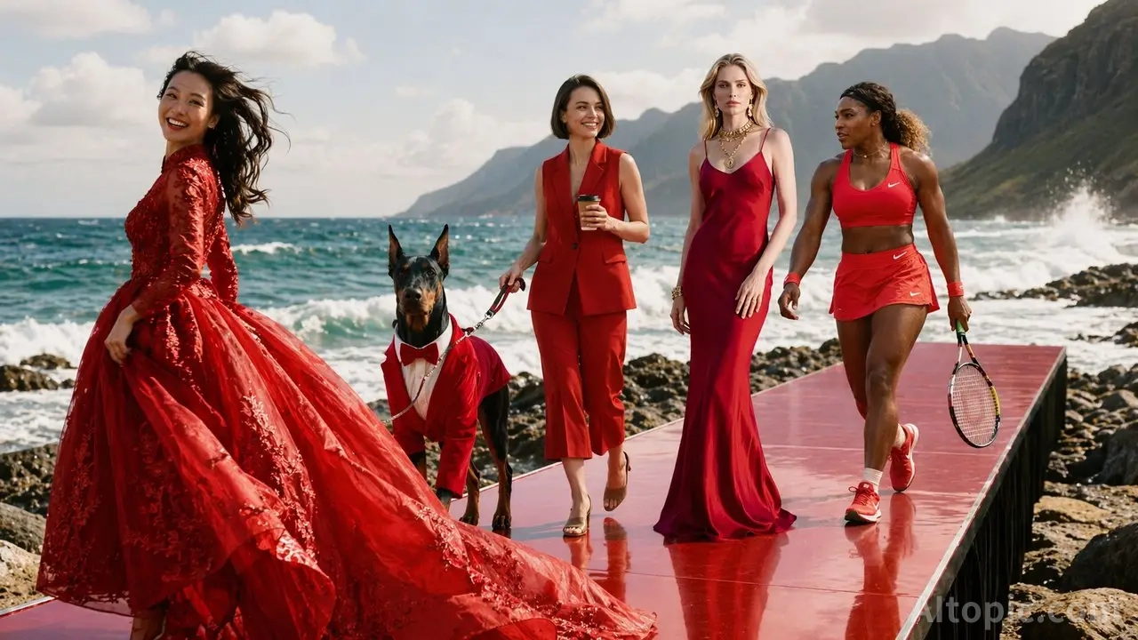 High-Fashion Runway on Seaside Rocks with Models in Red-2