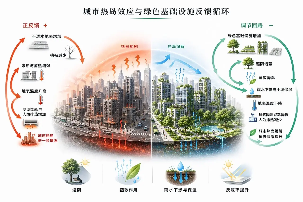 Urban Heat Island Effect and Green Infrastructure Feedback Loops