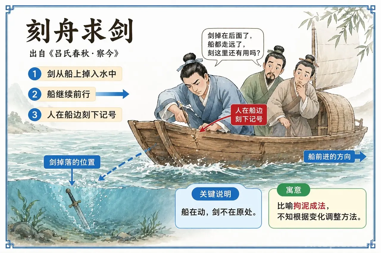 A High-Quality Chinese Idiom Illustration for Middle School Chinese Teaching: "Marking the Boat to F