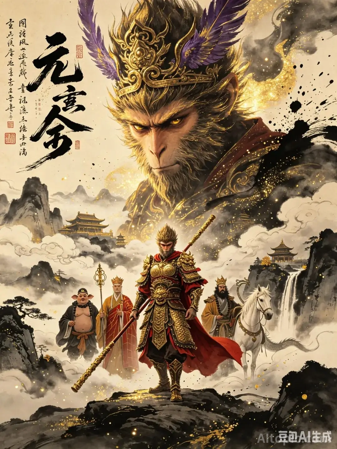 Vertical Classic Chinese Ink Painting Book Cover – Monkey King Epic