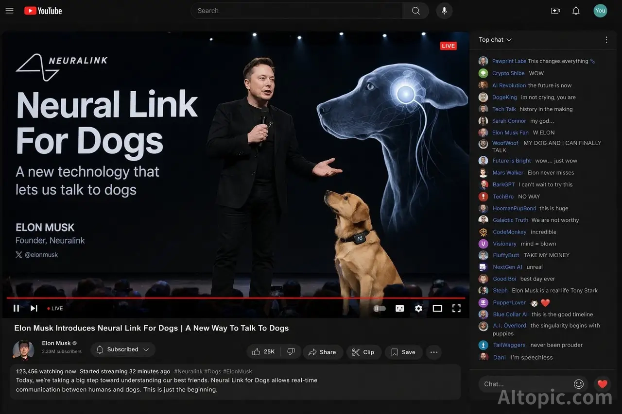 YouTube Live Stream UI: Neural Link For Dogs Tech Keynote
