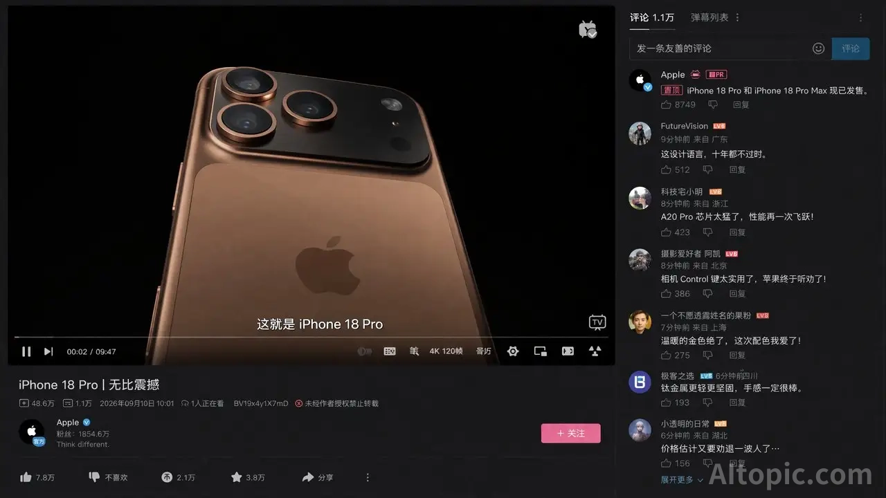UI Design Mockup: Bilibili-Style Dark Mode Video Page Featuring iPhone 18 Pro