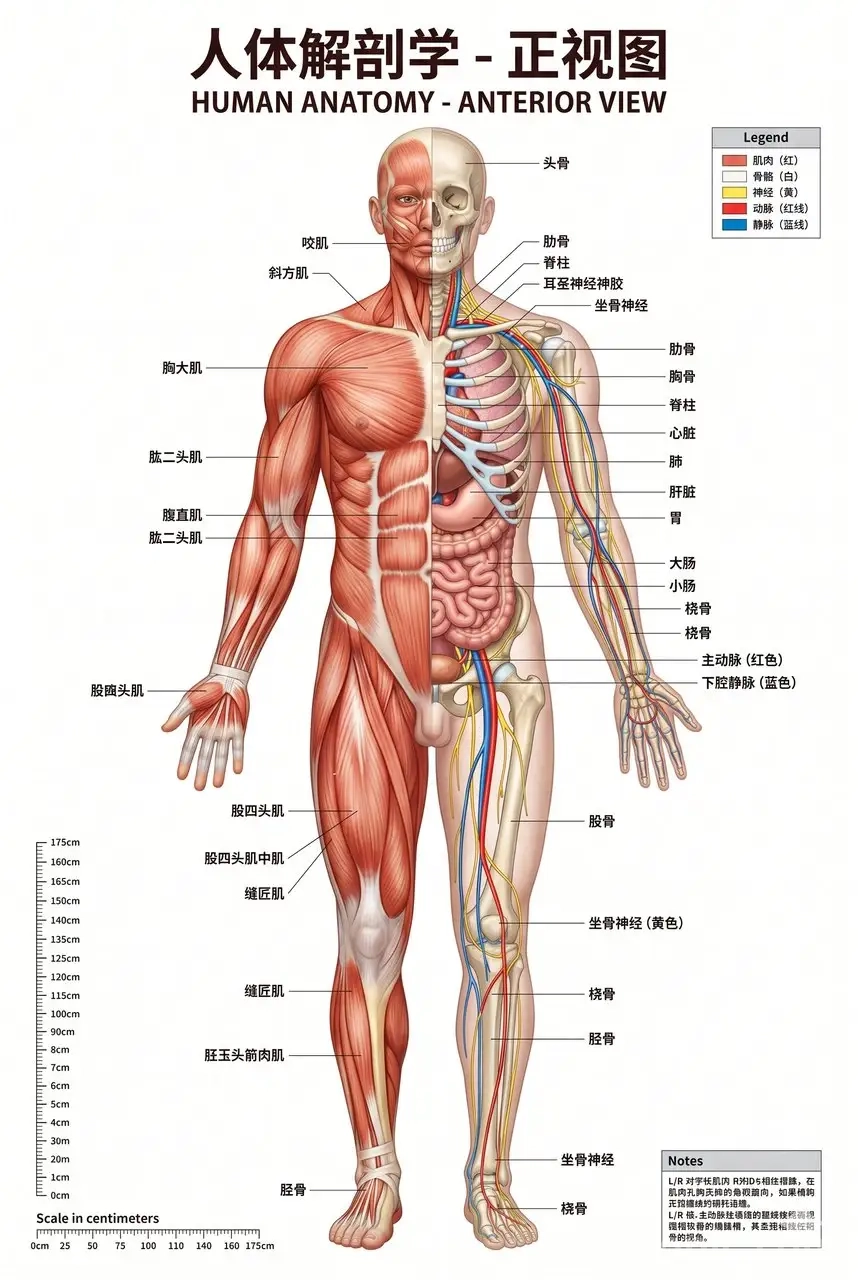 High-Precision Split-View Human Anatomy Poster: Anterior View with Muscular and Skeletal Systems