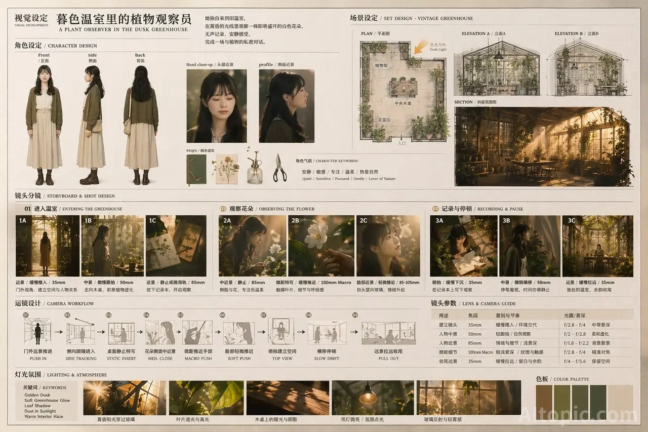 The Twilight Greenhouse Observer — Visual Development Board for a Cinematic Sequence