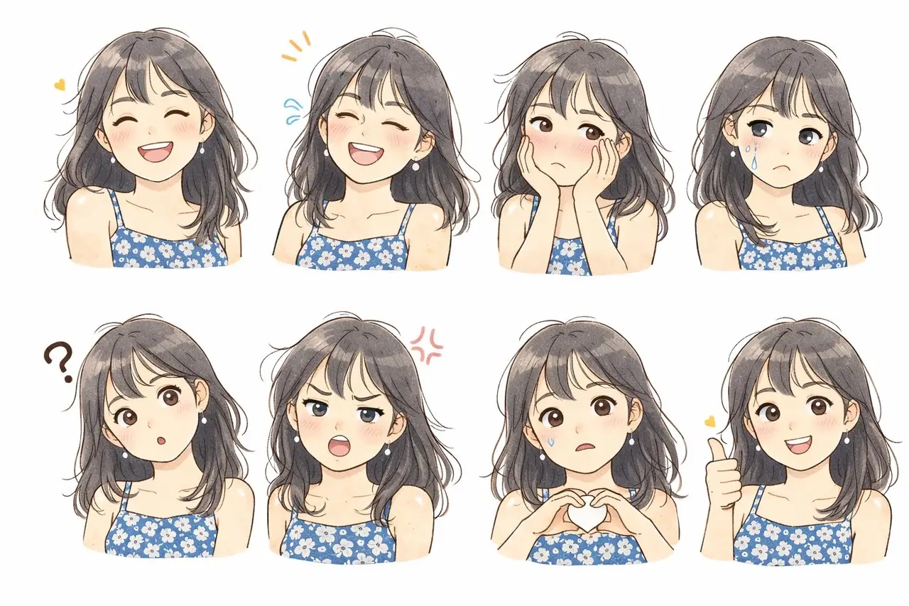Female Character Hand-Drawn Expression Sticker Set
