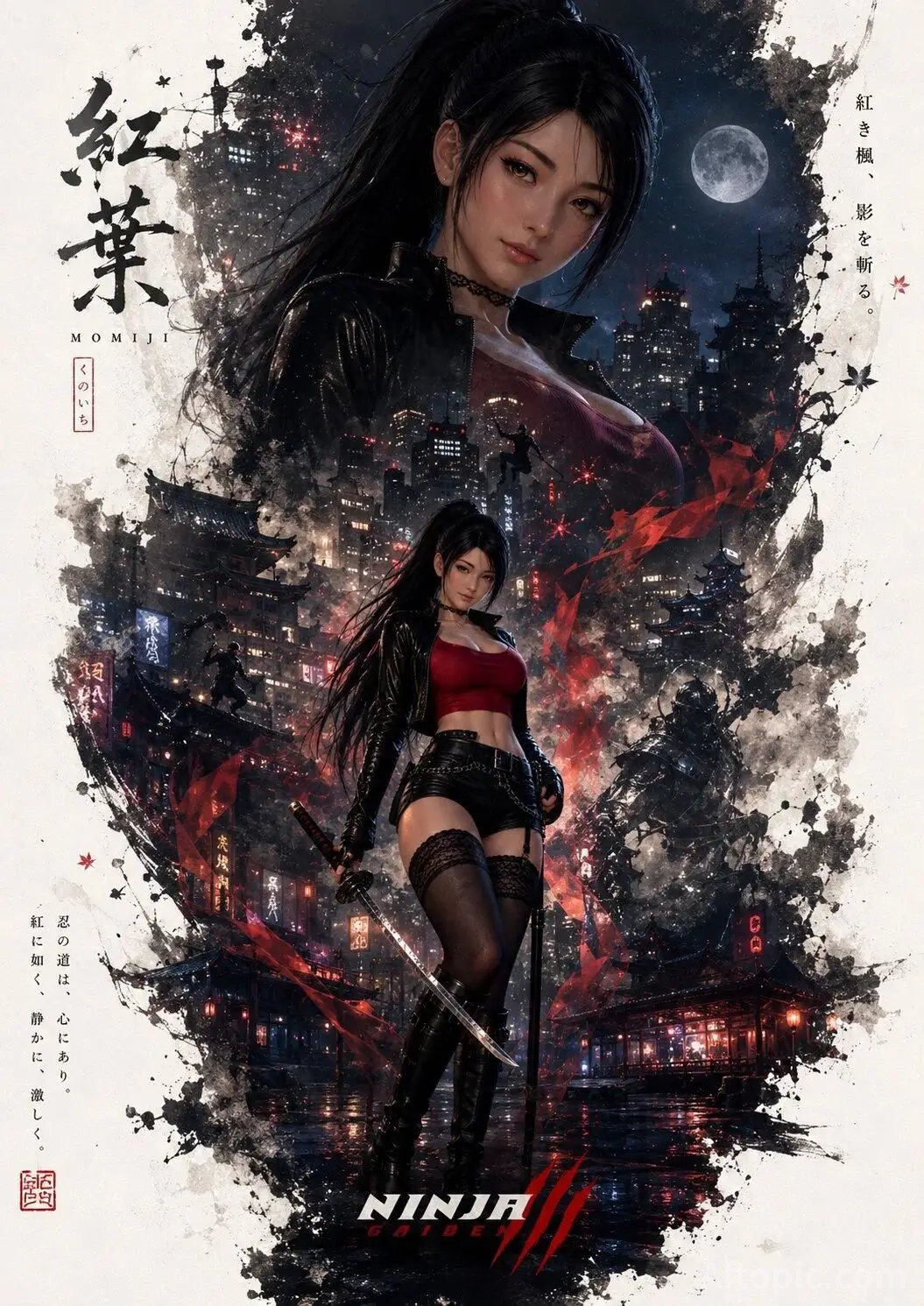 A high-quality promotional poster featuring Momiji from Ninja Gaiden, blending traditional Japanese