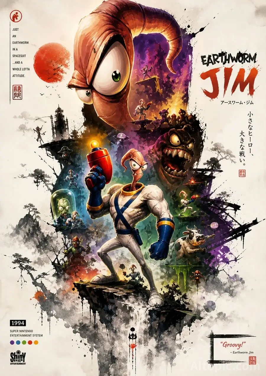 Earthworm Jim: A Retro-Futuristic Ink Wash Poster