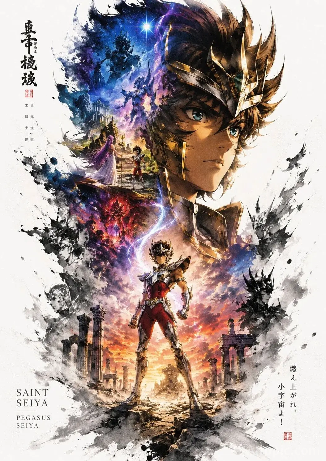 Epic Double Exposure Poster of Pegasus Seiya with Cosmic Energy and Mythological Collage