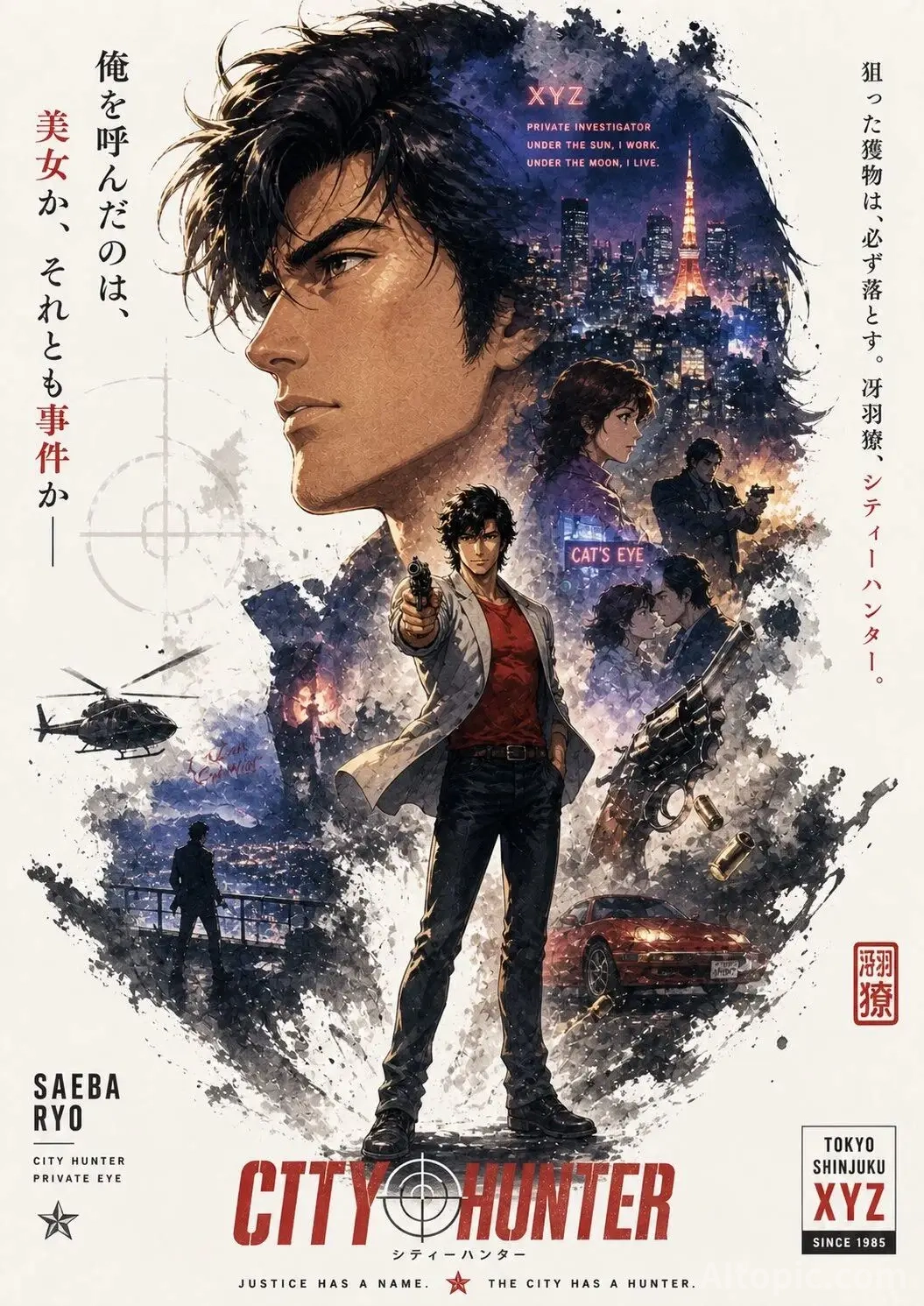 A retro anime promotional poster featuring City Hunter protagonist Ryo Saeba, utilizing a double exp