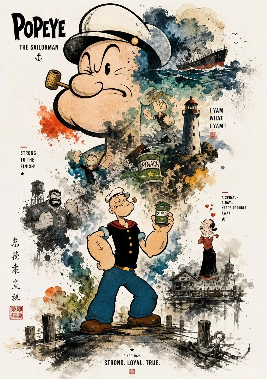 Popeye the Sailor Man Artistic Poster with Collage and Ink Style
