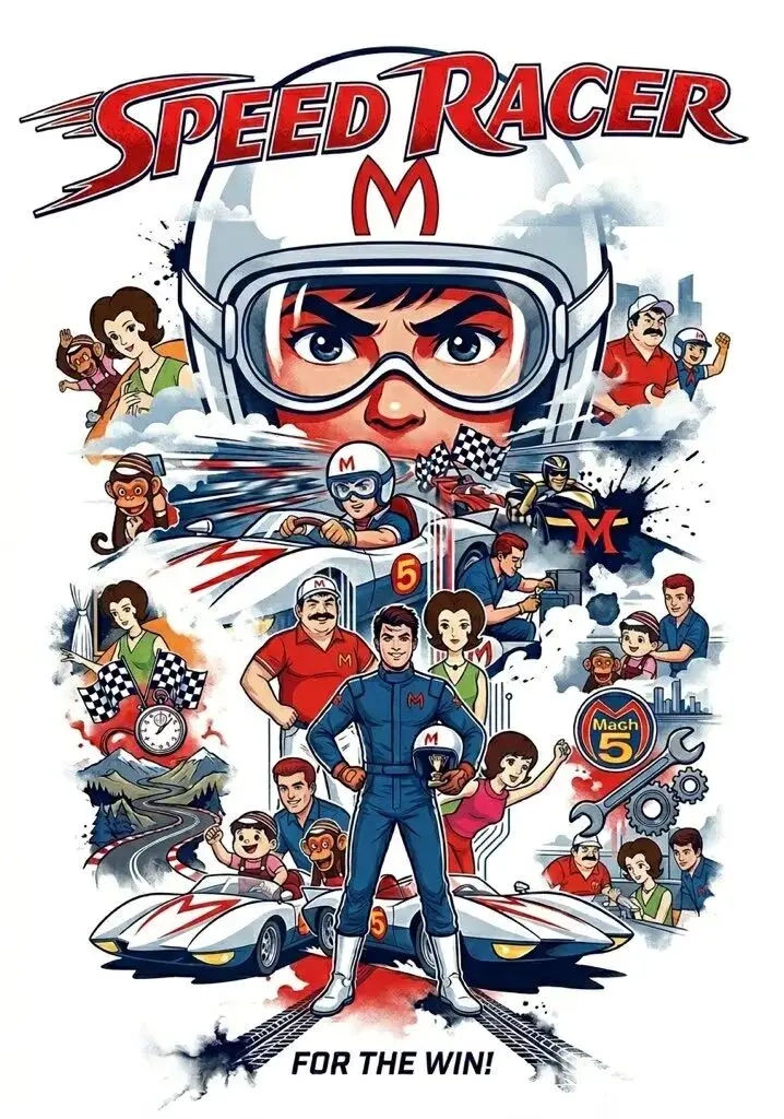 Retro Speed Racer Promotional Poster with Mach 5 and Collage Elements