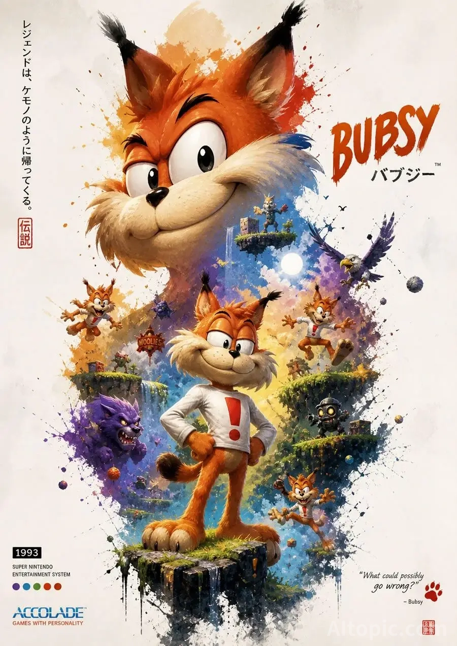Bubsy the Bobcat Retro Game Poster: A Dynamic Fusion of 90s Nostalgia and Modern Digital Art