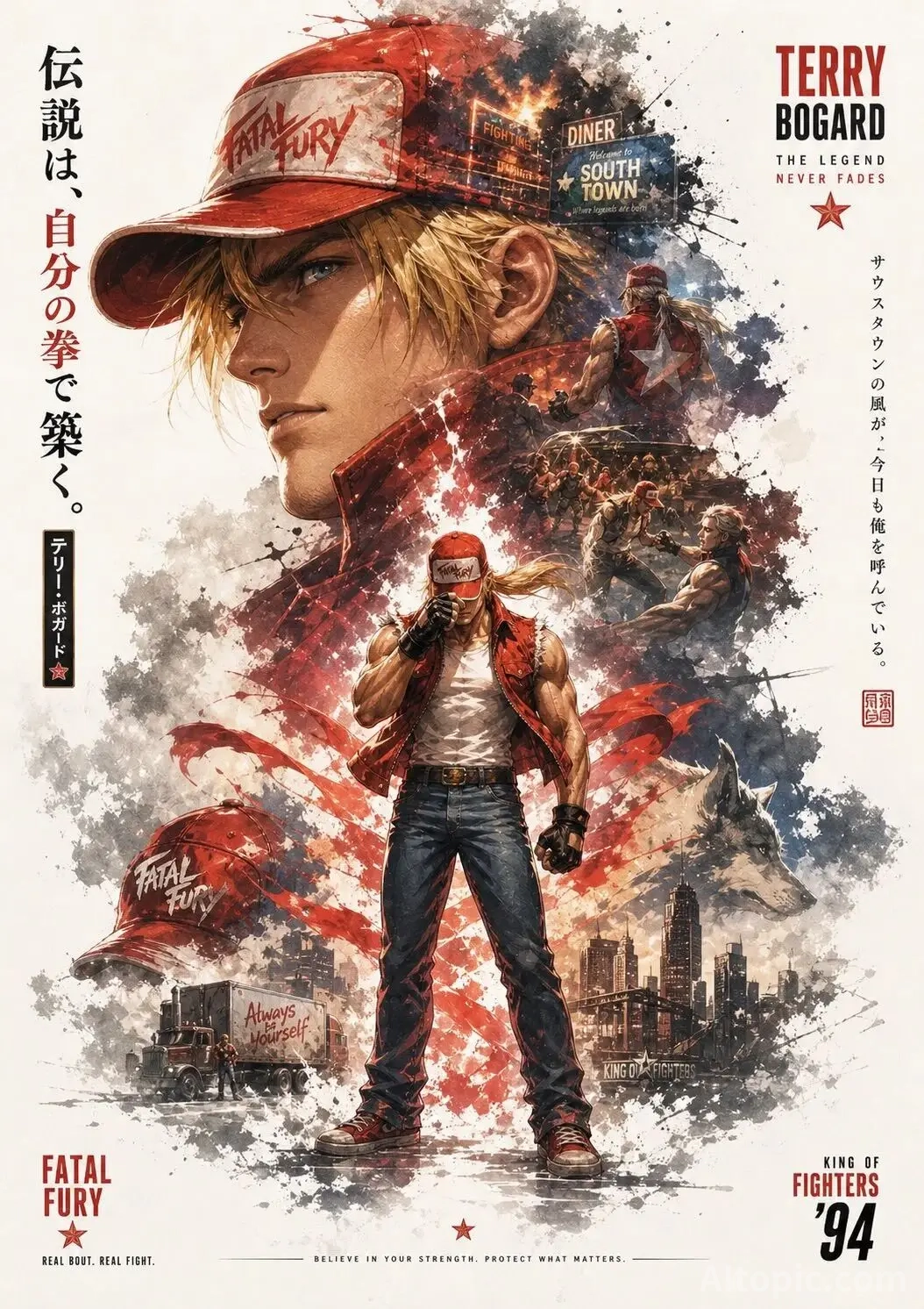 Double Exposure Cinematic Poster of Terry Bogard with Ink Wash Aesthetics