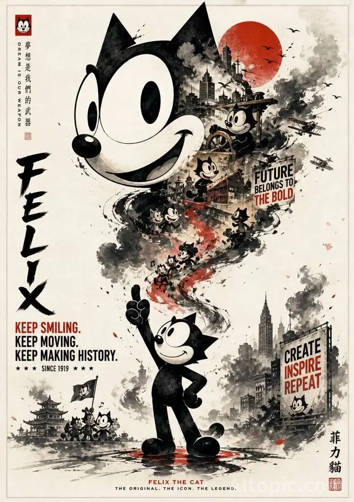 Felix the Cat Themed Promotional Poster Blending Vintage Animation with Modern Artistic Style