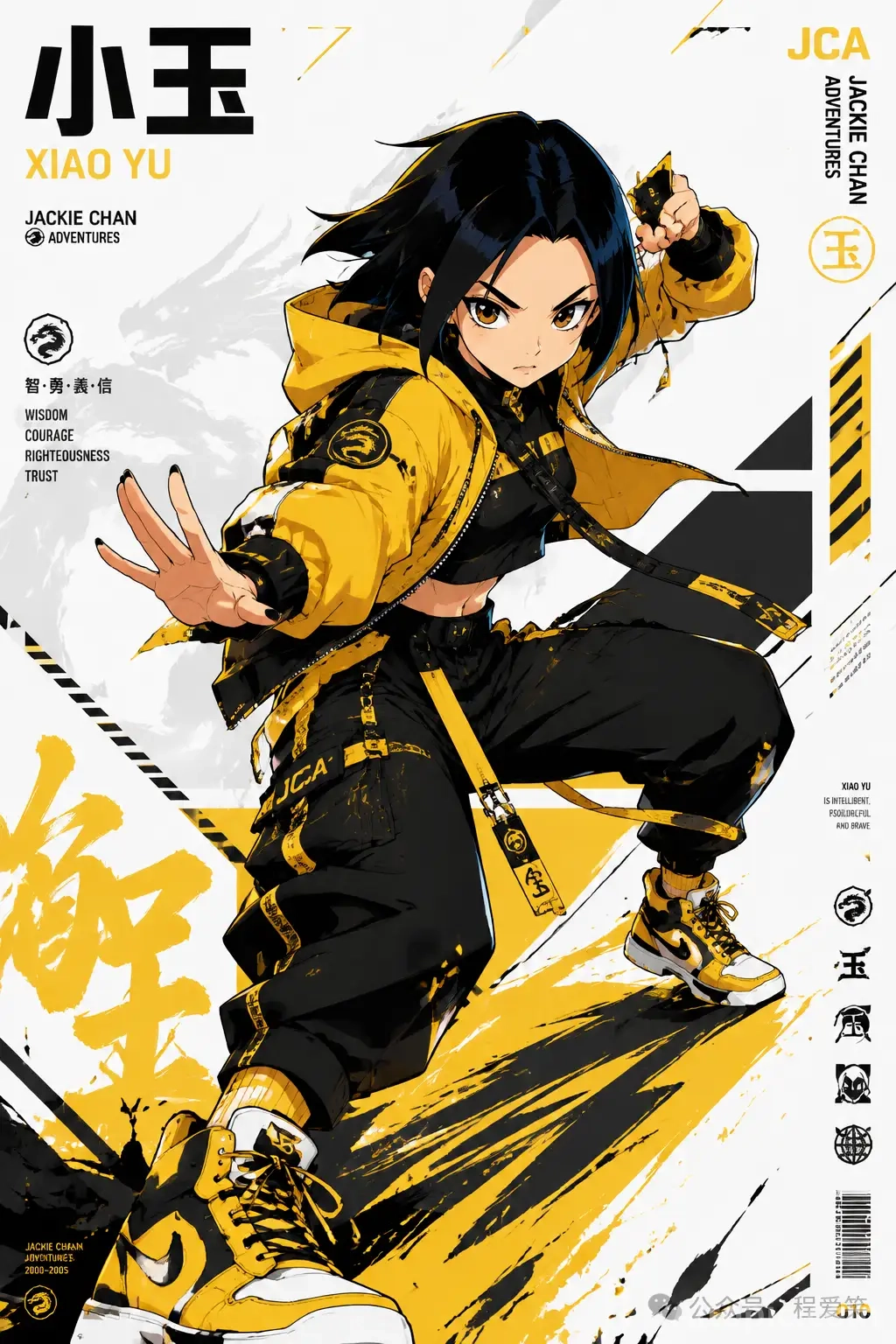 Xiao Yu Action Poster: Jackie Chan Adventures Character Design with Yellow and Black Urban Aesthetic