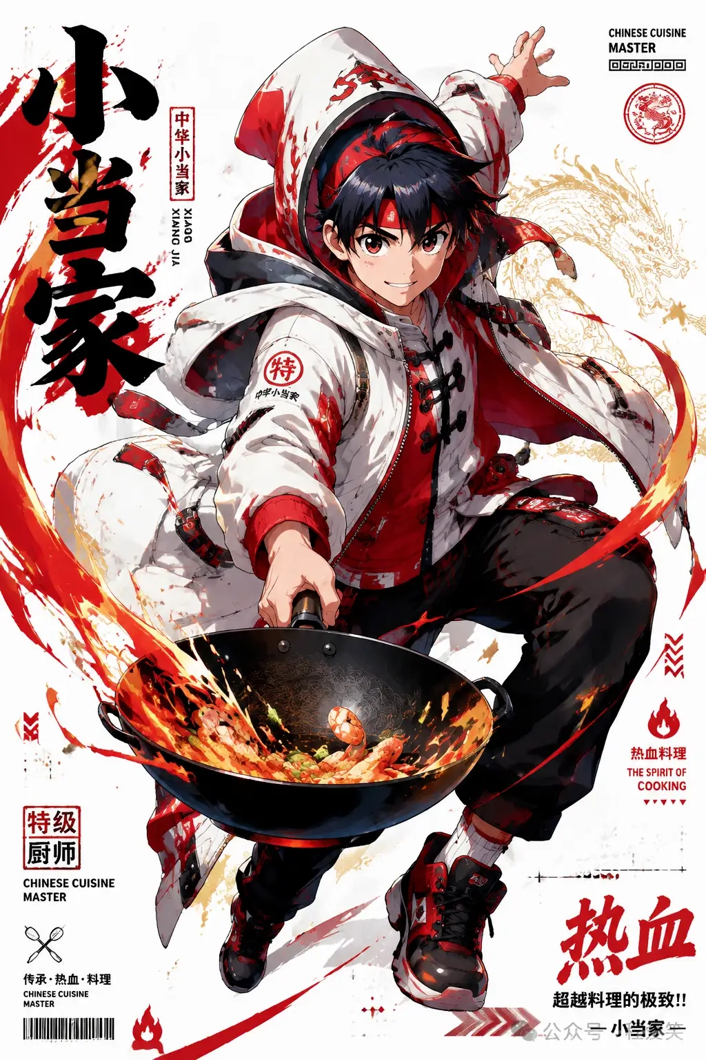 Dynamic Anime-Style Poster of Chinese Cuisine Master Cooking with Wok and Fiery Effects