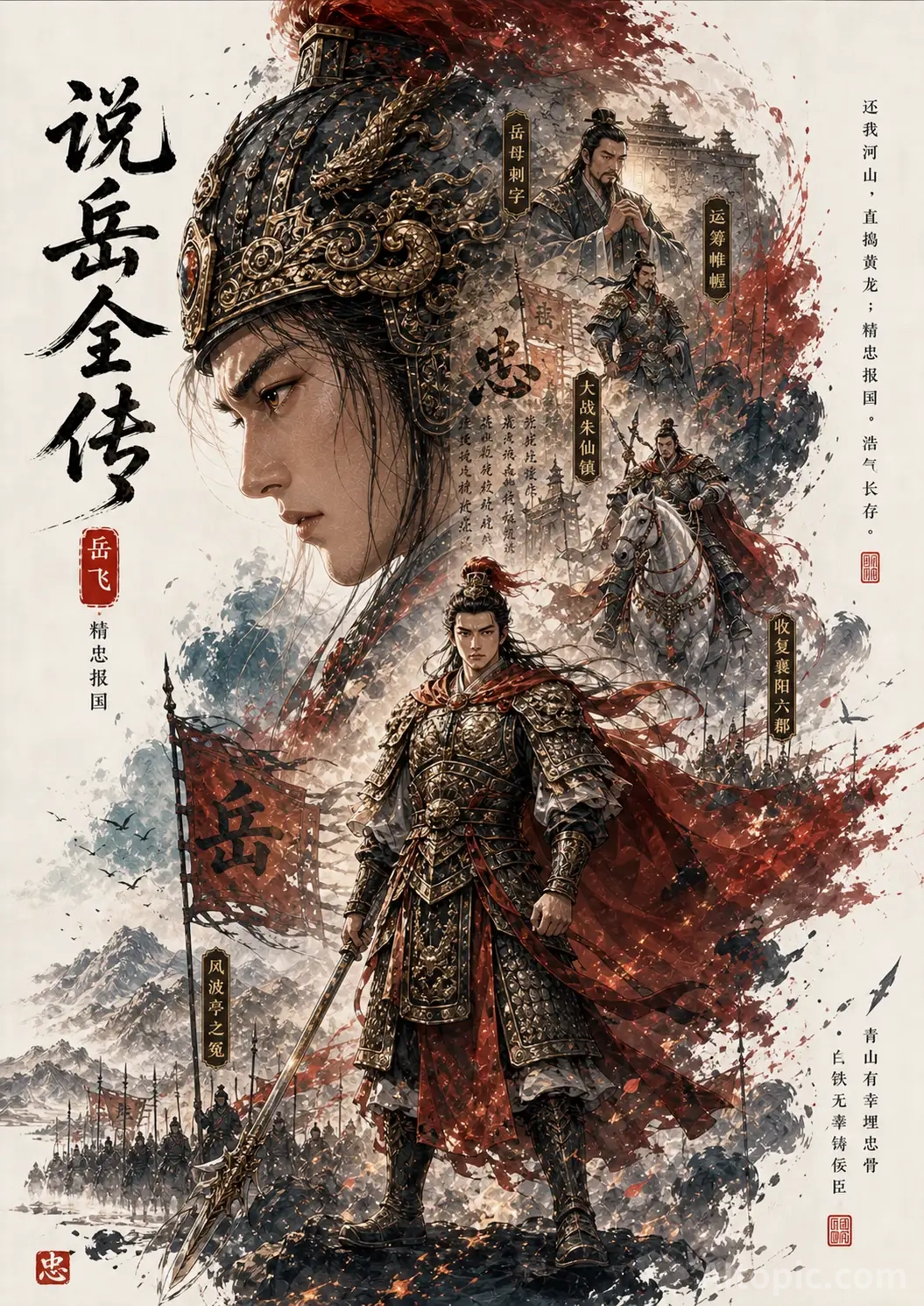 Epic Chinese Historical Poster of General Yue Fei in Song Dynasty Armor with Ink Wash Art Style and