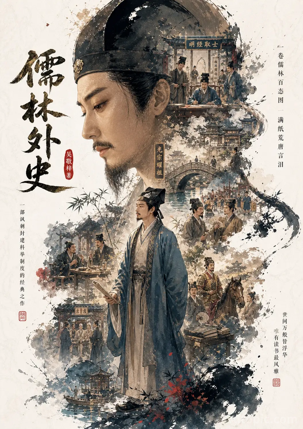 Chinese Classical Literature Poster: The Scholars - Ink Wash Style Illustration