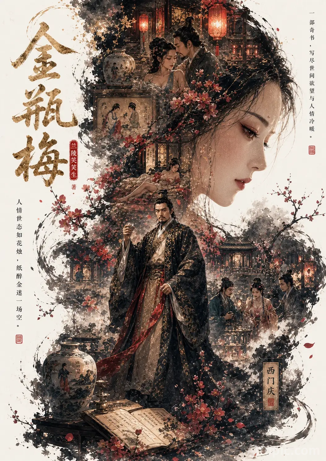 Elegant Chinese classical art poster of "Jin Ping Mei" with ink wash collage and double exposure sty