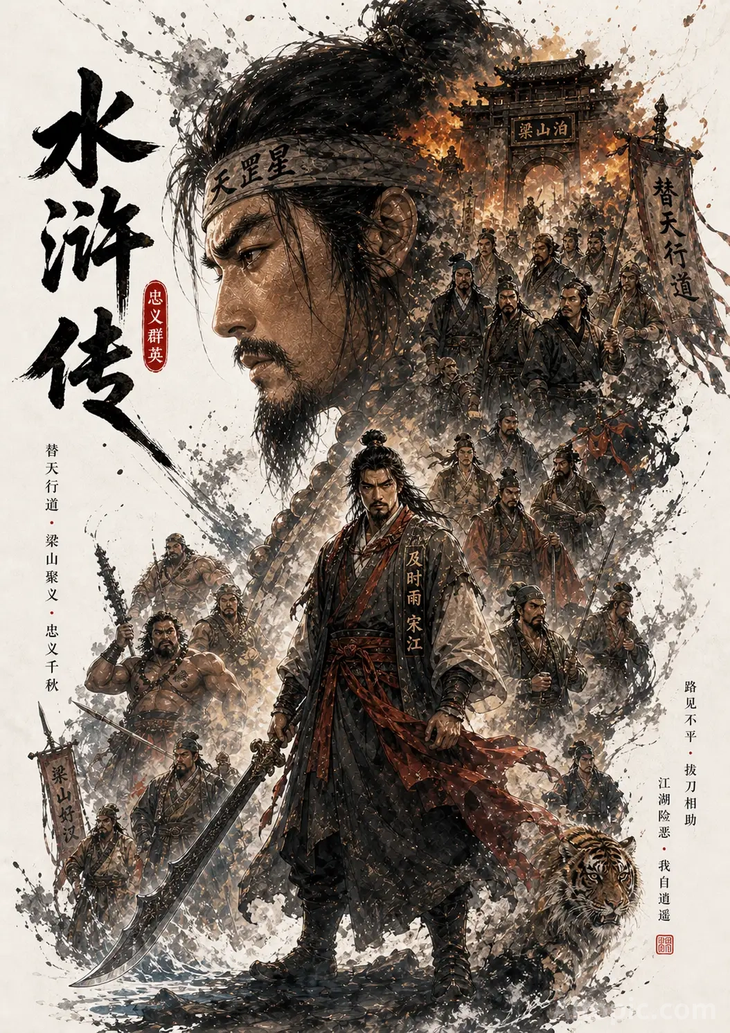 Water Margin Artistic Poster Featuring Song Jiang and the 108 Heroes in Chinese Ink Wash Style
