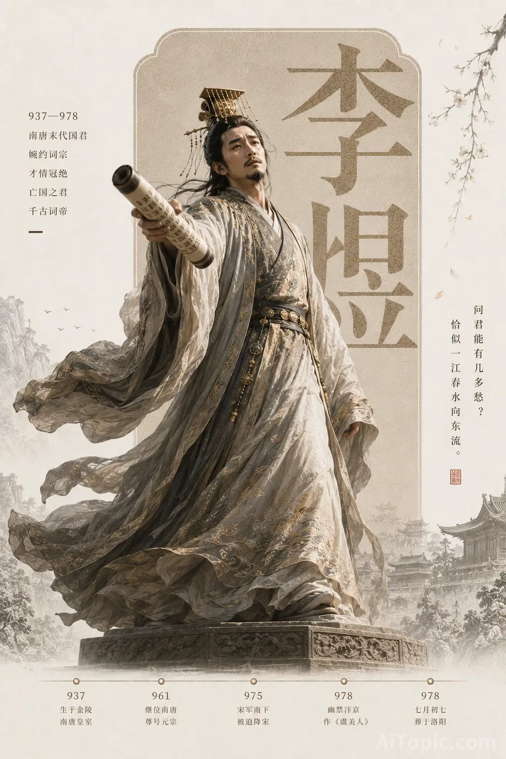 Epic Historical Poster of Li Yu, The Last Ruler of Southern Tang, Poetic and Melancholic Figure in C