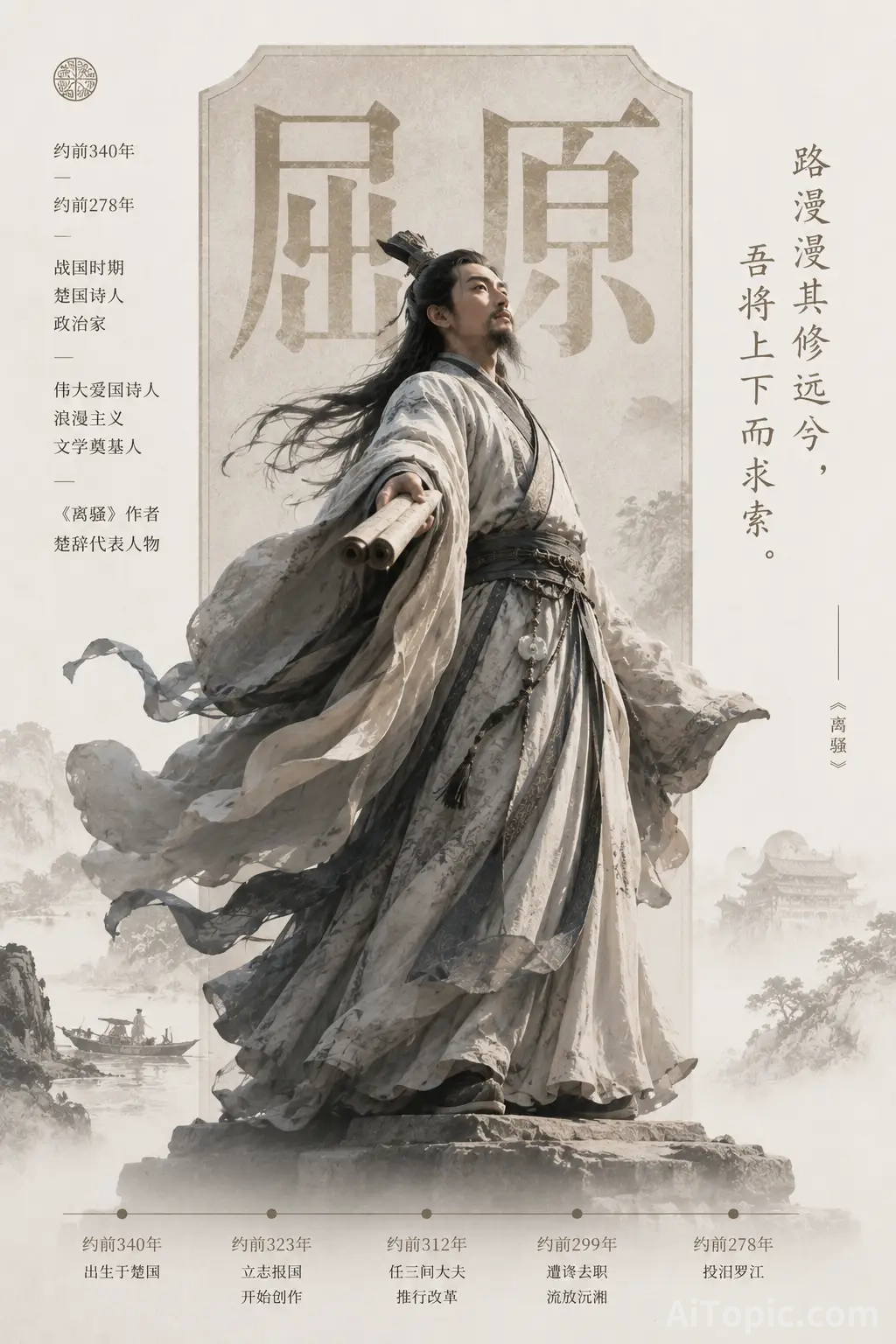 Ancient Chinese Poet Qu Yuan on a Rock, Traditional Ink Wash Painting Style, Historical Figure Poste
