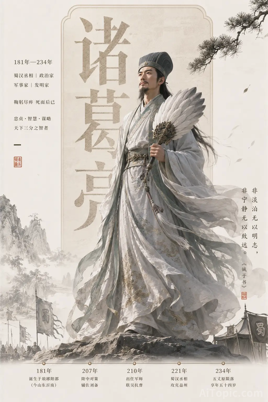 Elegant Chinese Historical Poster of Zhuge Liang in Traditional Hanfu with Ink Wash Landscape