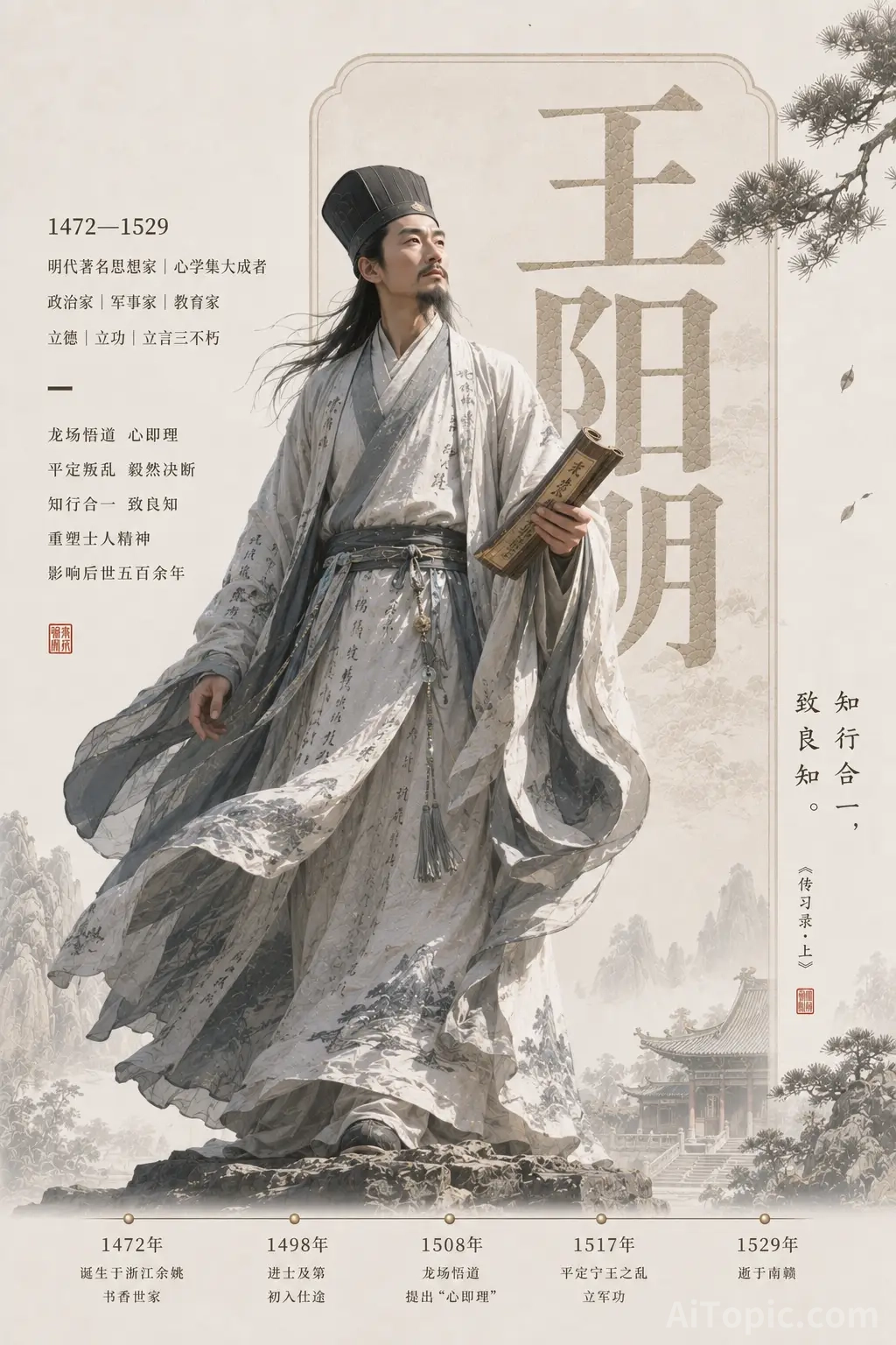 Portrait of Wang Yangming, The Sage of Mind Philosophy, Ink Wash Art Style
