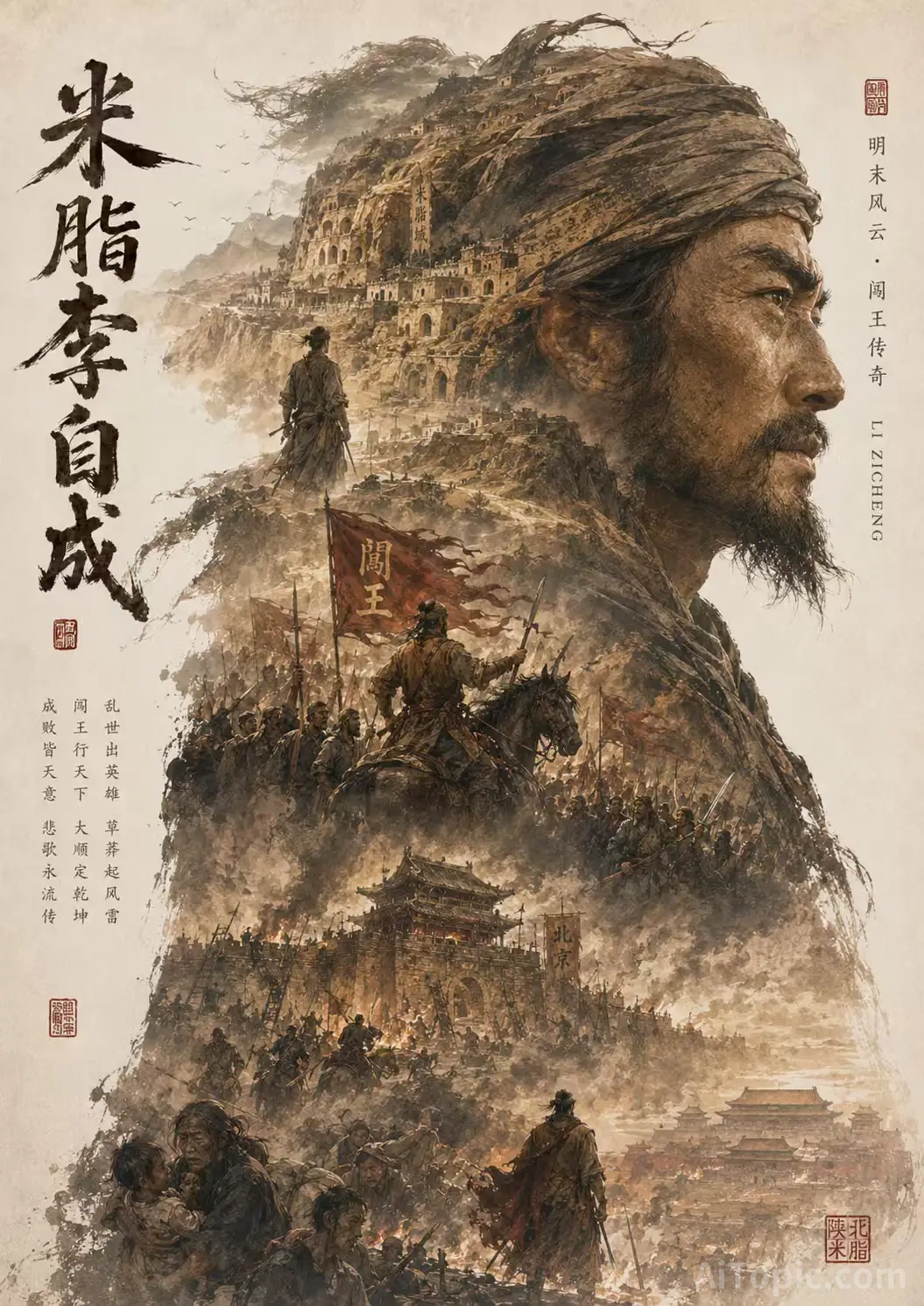 Epic Double Exposure Poster of Li Zicheng, The Peasant King of Late Ming Dynasty