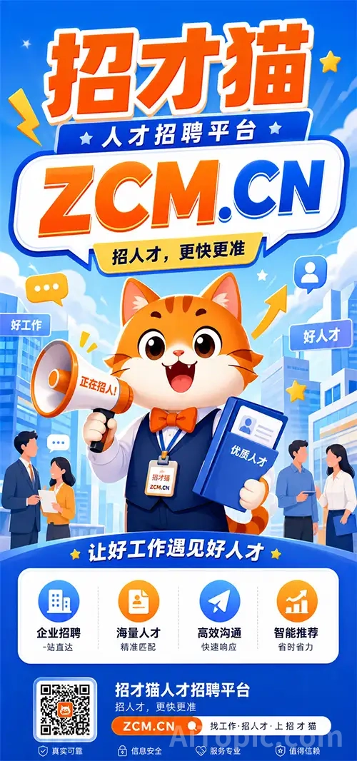 Zhaocai Mao ZCM.CN Job Recruitment Platform Cartoon Style Promotional Poster