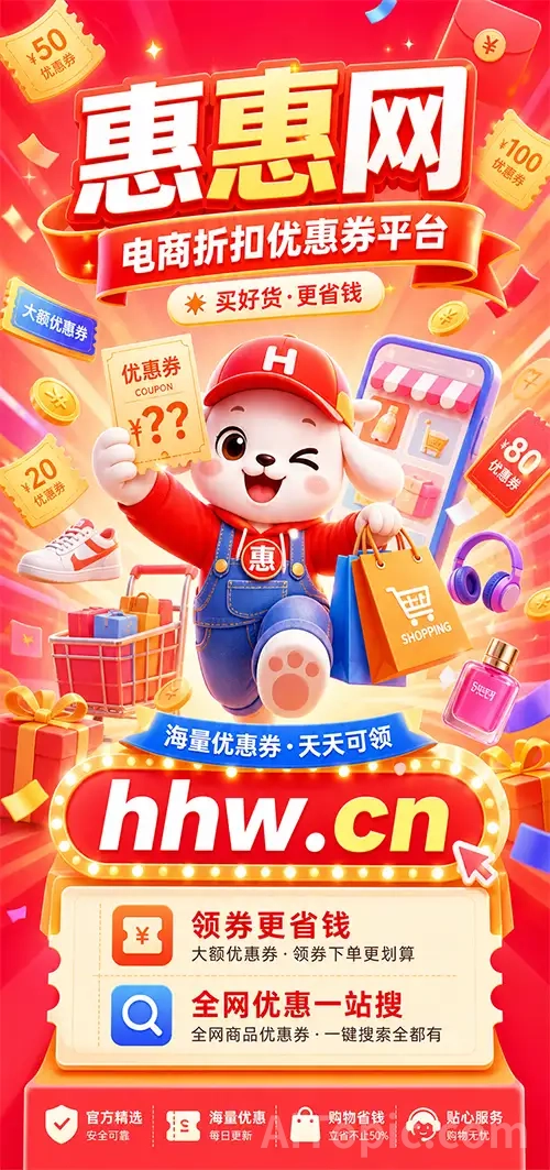 Colorful Cartoon-Style Discount Coupon Platform Poster for Huihui Shopping Network