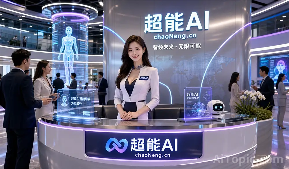 Futuristic Lobby of ChaoNeng AI: Alluring Holographic Receptionist in a Vibrant Tech Environment